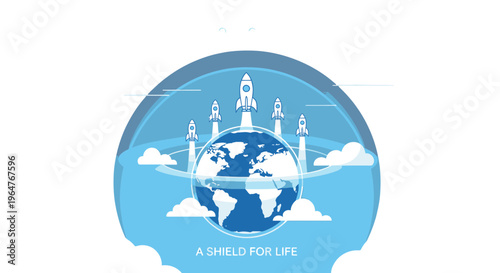 a blue and white logo with a globe and rockets.