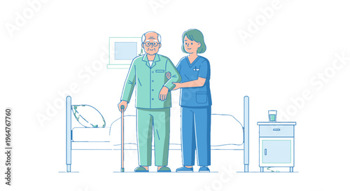 Elderly man with caregiver in hospital.