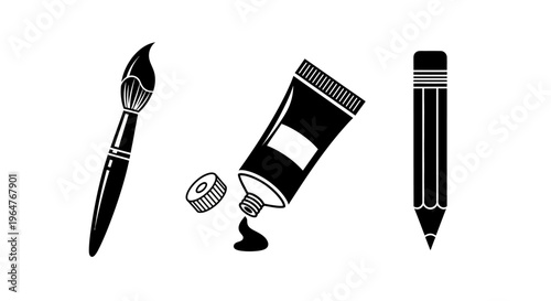 Art supplies vector icons: paintbrush, paint tube, and pencil for creative drawing, painting, and artistic design.
