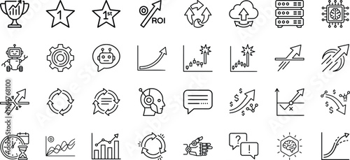 Corporate success and artificial intelligence technology performance line icon set