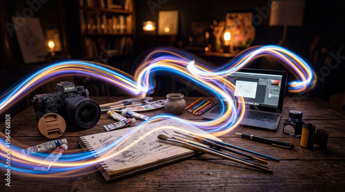 Creative professional's desk setup showcasing a modern Nikon camera, laptop, painting tools, and dynamic light trails.