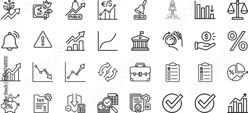 Financial regulation and government tax audit policy line icon set