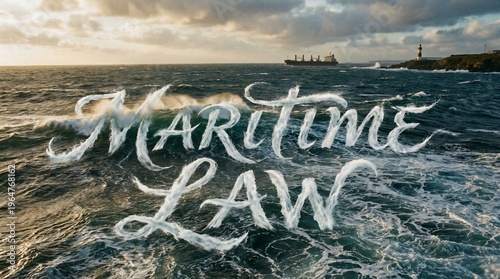 The concept of Maritime Law illustrated with text on stormy ocean waves with a ship and lighthouse.