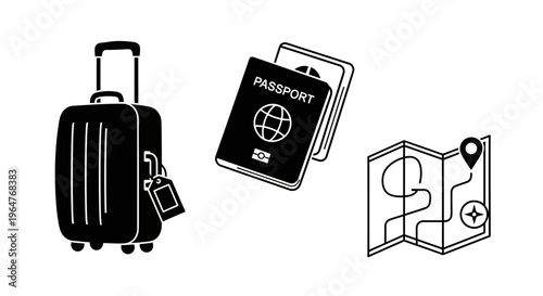 Travel essentials vector icons: suitcase, passport documents, and folded map for global journey, vacation, and adventure planning.