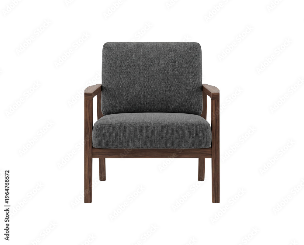 Fototapeta premium Modern Mid-Century Style Armchair with Gray Fabric Upholstery and Dark Wood Frame on White Background
