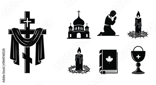 Religious symbols including a cross church praying figure and liturgical items