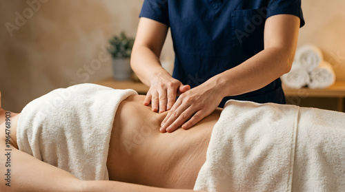 Therapist performing manual lymphatic drainage massage on the abdomen during a wellness session. Gentle rhythmic pressure supports body detox, relaxation, and swelling reduction