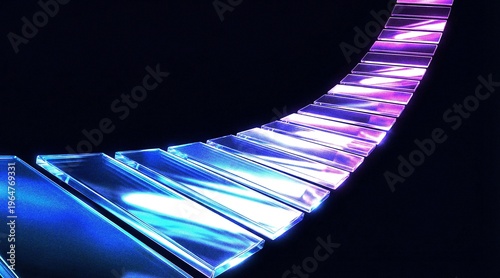 Abstract curved glass panels with blue to purple gradient on black background, reflections, neon light, grainy texture, banner, backdrop design