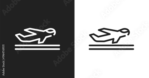 Departures icon. Linear black, white icon from in the airport collection. Outline departures vector. Thin line symbol isolated on white and black background