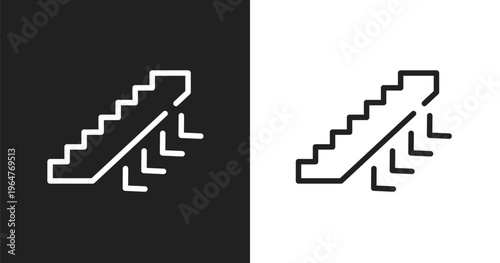 Escalators down icon. Linear black, white icon from in the airport collection. Outline escalators down vector. Thin line symbol isolated on white and black background