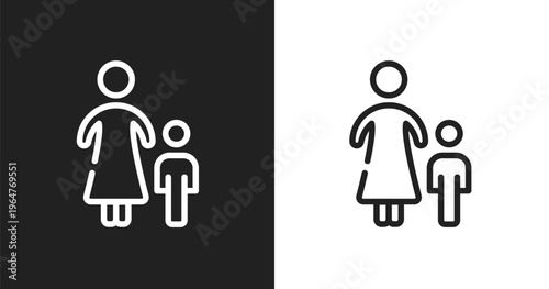 Mother and son icon. Linear black, white icon from in the airport collection. Outline mother and son vector. Thin line symbol isolated on white and black background