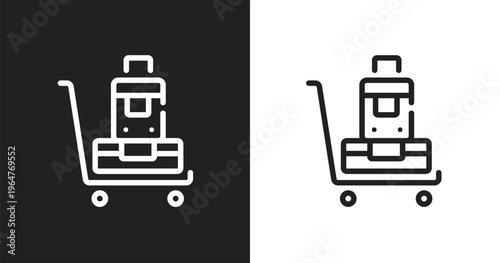 Luggage trolley icon. Linear black, white icon from in the airport collection. Outline luggage trolley vector. Thin line symbol isolated on white and black background