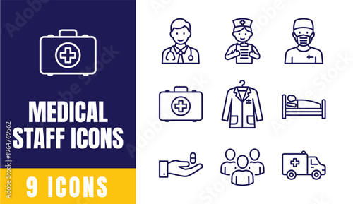 Medical Staff Line Icons Set — First Aid Bag, Doctor, Nurse, Patient in Bed, Helping Hand, Medical Team, Ambulance, Lab Coat, Surgeon