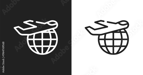 International departures icon. Linear black, white icon from in the airport collection. Outline international departures icon vector. Thin line symbol for use on web and mobile apps, logo, print