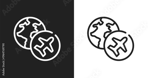 Travelling globe sign icon. Linear black, white icon from airport and travel collection. Outline travelling globe sign icon vector. Thin line symbol for use on web and mobile apps, logo, print