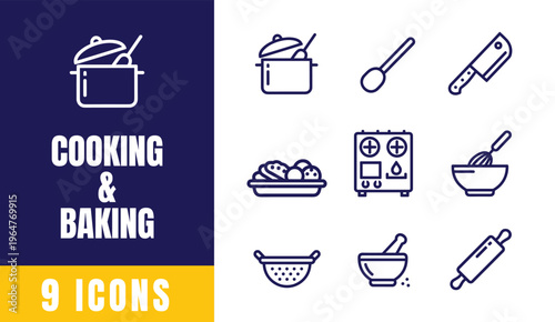 Cooking and Baking Line Icons Set — Cooking Pot, Ladle, Knife, Stovetop, Mixing Bowl, Colander, Mortar Pestle, Rolling Pin, Kitchen Tools