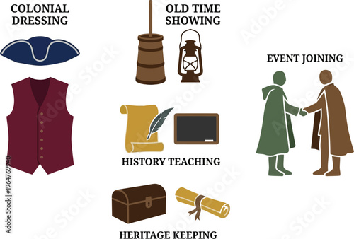 A collection of colonial era objects including a tricorn hat, waistcoat, butter churn, lantern, chest, and shaking hands depicts historical heritage and teaching elements.