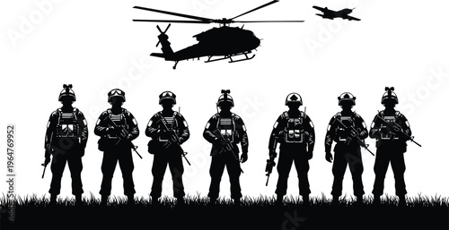 Black military silhouettes of soldiers standing in a field with a combat helicopter and airplane flying overhead isolated on white background.