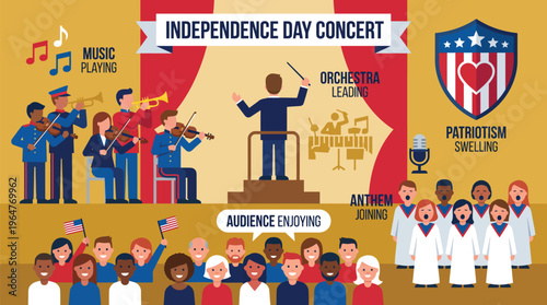 An orchestra conductor directs musicians and a patriotic audience during an Independence Day concert event.