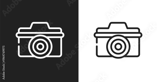 Digital camera icon. Linear black, white icon from vacation collection. Outline digital camera vector. Thin line symbol isolated on white and black background