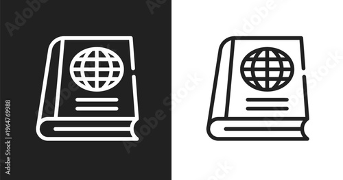 Geography text book icon. Linear black, white icon from vacation collection. Outline geography text book vector. Thin line symbol isolated on white and black background