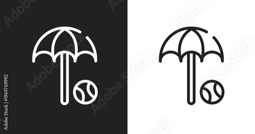 Beach umbrella and beach ball icon. Linear black, white icon from vacation collection. Outline beach umbrella and beach ball icon vector. Thin line symbol for use on web and mobile apps, logo, print