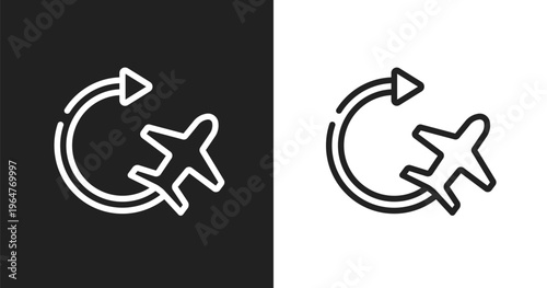 Airplane silhouette with arrows circle icon. Linear black, white icon from airport collection. Outline airplane silhouette with arrows circle icon vector. Thin line symbol for use on web and mobile