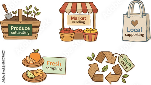 Various illustrated icons depict sustainable living concepts including produce cultivation, market vending, shopping bags, food sampling, and recycling symbols.