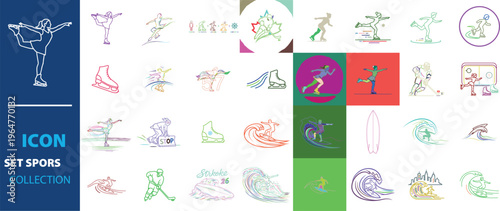 Minimalist sports icon set collection, colorful line art illustrations of ice skating and surfing, athletic figure skating and water sports vector elements