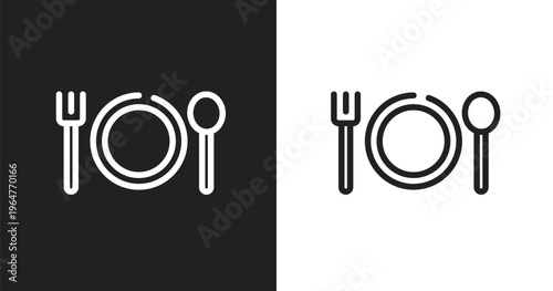 Plate with fork and knife cross icon. Linear black, white icon from travel and tourism collection. Outline plate with fork and knife cross icon vector. Thin line symbol for use on web and mobile