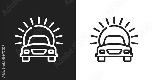 Car in front of the sun icon. Linear black, white icon from holidays collection. Outline car in front of the sun vector. Thin line symbol isolated on white and black background