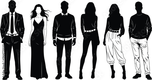 Collection of stylish men and women silhouettes wearing formal and casual fashion clothing isolated on a white background for graphic design.