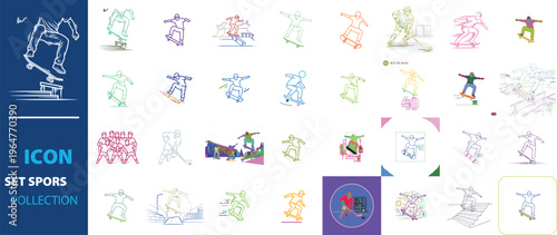 Skateboarder line art icons, 30 colorful skateboarding character illustrations, extreme sports action poses for urban lifestyle design