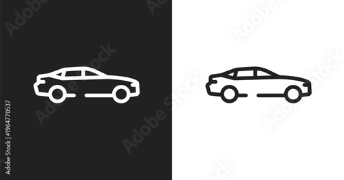 Car side view icon. Linear black, white icon from transporters collection. Outline car side view vector. Thin line symbol isolated on white and black background