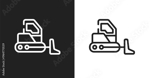 Bulldozer side view icon. Linear black, white icon from transporters collection. Outline bulldozer side view vector. Thin line symbol isolated on white and black background