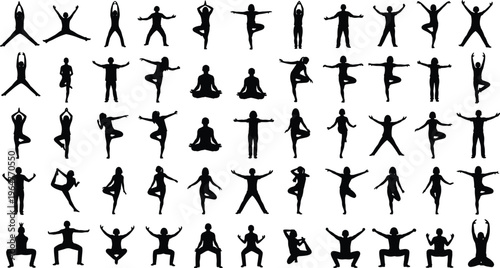 Large set of black silhouettes featuring people in various yoga poses, fitness exercises, and meditation stretches isolated on white background for wellness.