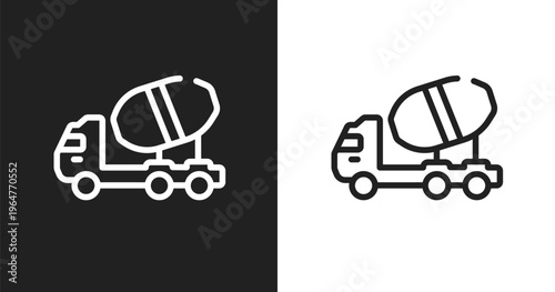 Concrete mixer truck side view icon. Linear black, white icon from transporters collection. Outline concrete mixer truck side view icon vector. Thin line symbol for use on web and mobile apps, logo,