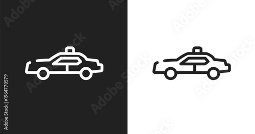 Police car side view icon. Linear black, white icon from transporters collection. Outline police car side view vector. Thin line symbol isolated on white and black background