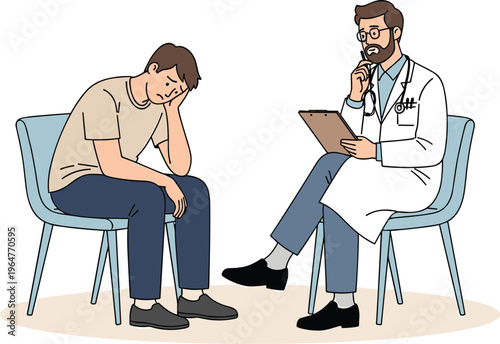 Sad depressed man consulting professional doctor or psychiatrist in clinic office for mental health support, psychological therapy session, and medical advice illustration.