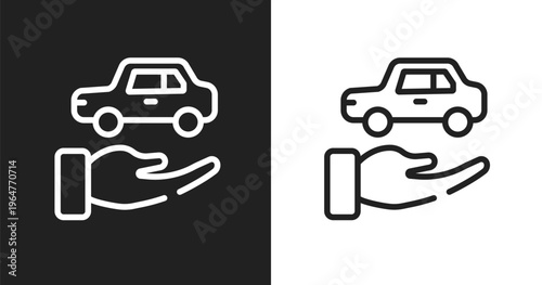 Rental car icon. Linear black, white icon from road trip collection. Outline rental car vector. Thin line symbol isolated on white and black background