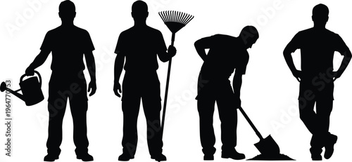Set of gardener silhouettes with tools including watering can rake and shovel showing outdoor landscaping yard maintenance manual labor activities