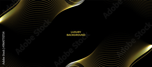 Luxury abstract black background with golden wave line design. Futuristic background of flowing gold lines for banner, poster, cover, brochure, flyer, website