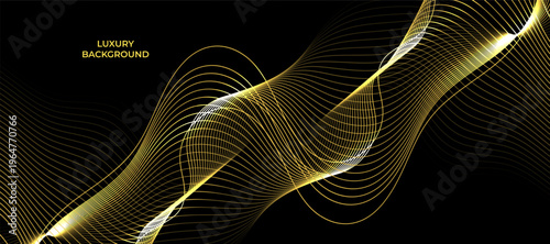 Luxury abstract black background with golden wave line design. Futuristic background of flowing gold lines for banner, poster, cover, brochure, flyer, website