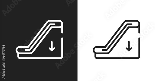 Escalator down icon. Linear black, white icon from aerodrome collection. Outline escalator down vector. Thin line symbol isolated on white and black background