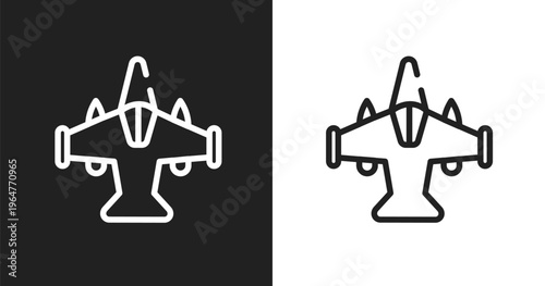 Military airplane bottom view icon. Linear black, white icon from airplanes collection. Outline military airplane bottom view icon vector. Thin line symbol for use on web and mobile apps, logo,