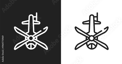 Helicopter black shape top view icon. Linear black, white icon from airplanes collection. Outline helicopter black shape top view icon vector. Thin line symbol for use on web and mobile apps, logo,