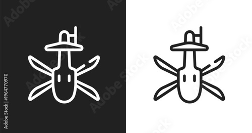 Military helicopter bottom view icon. Linear black, white icon from airplanes collection. Outline military helicopter bottom view icon vector. Thin line symbol for use on web and mobile apps, logo,