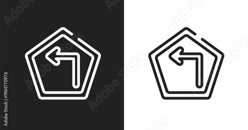 Left turn icon. Linear black, white icon from driving school collection. Outline left turn vector. Thin line symbol isolated on white and black background