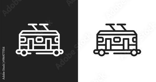 Trolley car icon. Linear black, white icon from transport collection. Outline trolley car vector. Thin line symbol isolated on white and black background