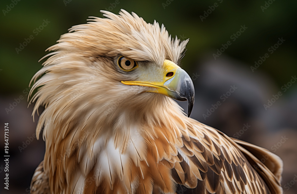 Fototapeta premium Close up portrait of majestic golden eagle with sharp eye and hooked beak in natural outdoor setting